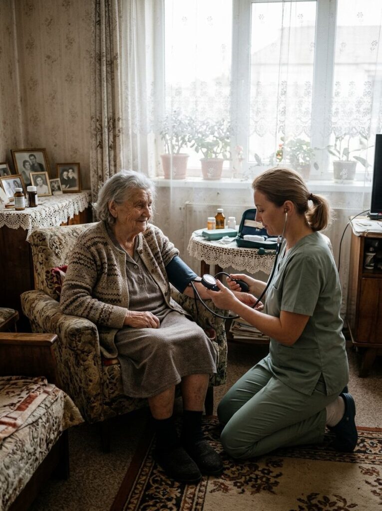 Cadru medical care măsoară tensiunea unei paciente vârstnice acasă, în Iași