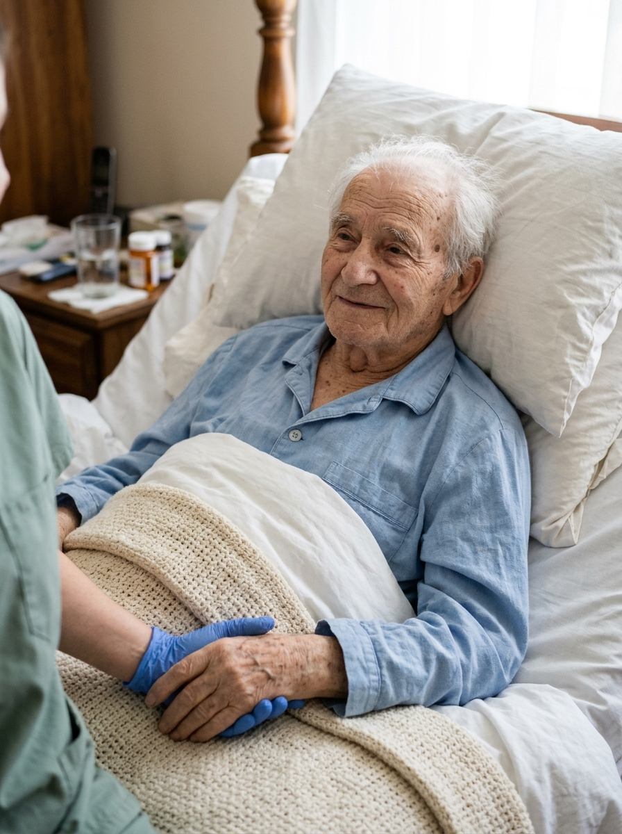 Vârstnic liniștit în pat, ținut de mână de un cadru medical cu mănușă, la îngrijiri paliative la domiciliu în Iași