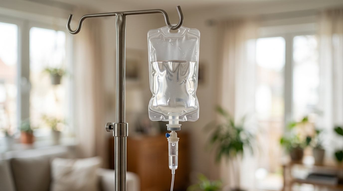 Pungă de perfuzie pe stativ, pregătită pentru un tratament la domiciliu